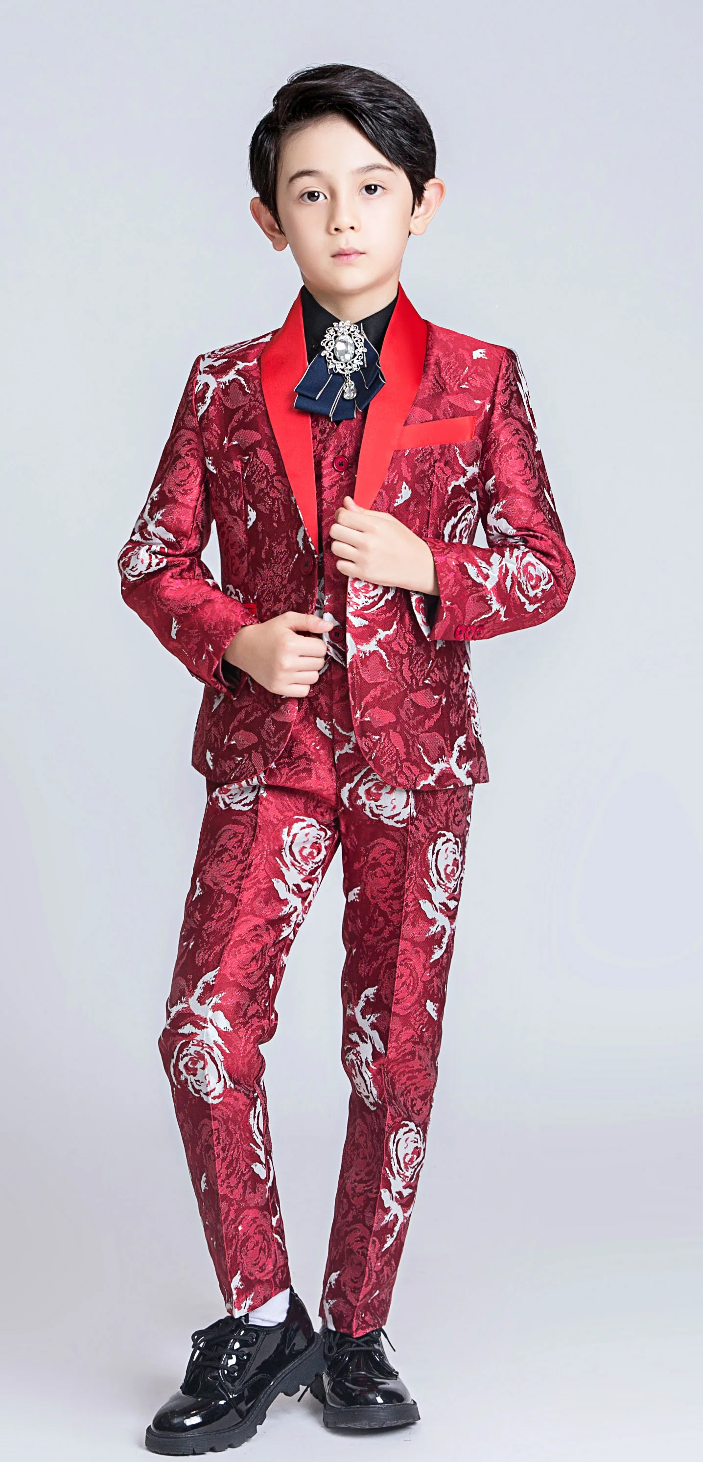 5PCS YuanLu/новые детские костюмы для мальчиков; Роскошные Детские костюмы; костюм с блейзером на свадьбу; вечерние костюмы; красный костюм с цветочным принтом - Цвет: 5PCS