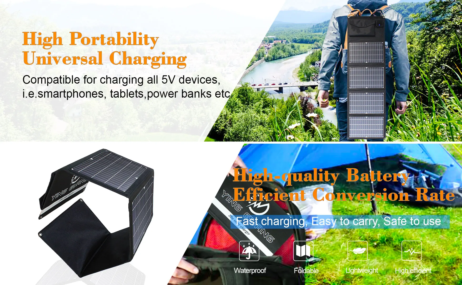acampamento dobrável painel solar para o telefone carga power bank