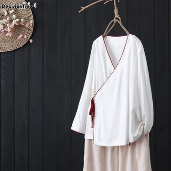 

2020 women chinese style long shirts v neck casual blouses loose plus vintage elegant tops hanfu cotton linen female top