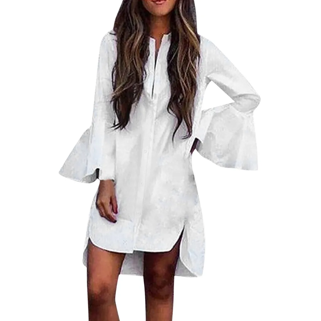 Casual Women Flare Sleeve Solid Color Irregular Hem Sexy Top Blouses Casual trumpet sleeves solid color irregular hem shirt