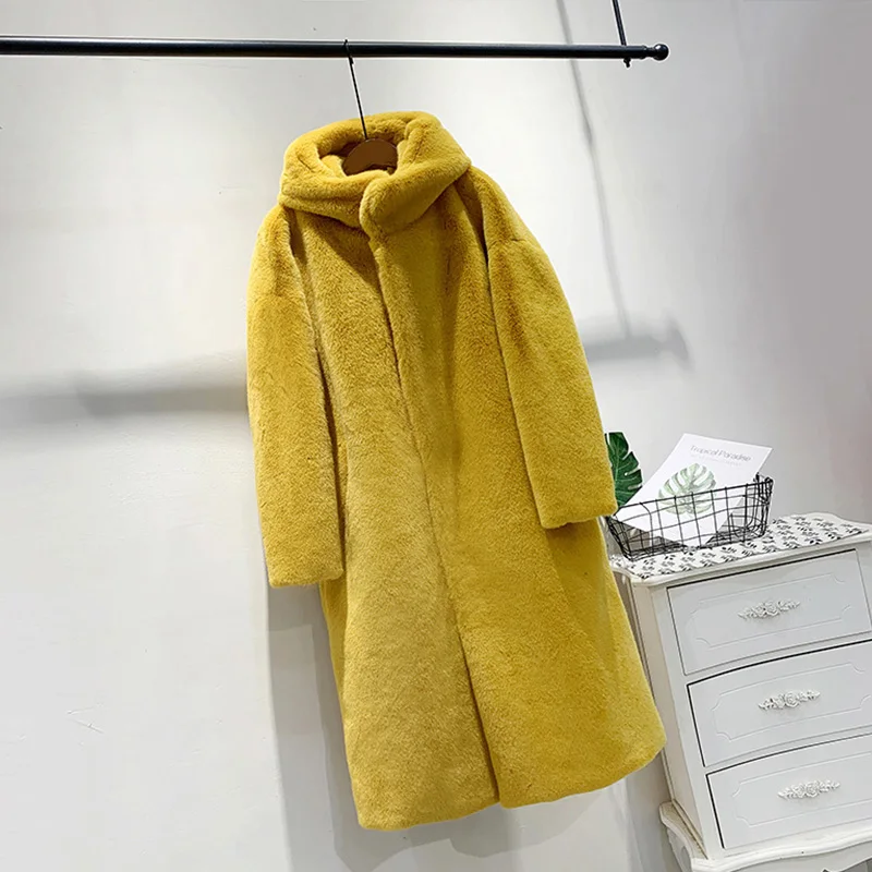 Женское зимнее длинное пальто из искусственного меха с капюшоном, корейское теплое пальто с рукавами «летучая мышь», женская модная однотонная утепленная верхняя одежда из меха норки - Цвет: Цвет: желтый