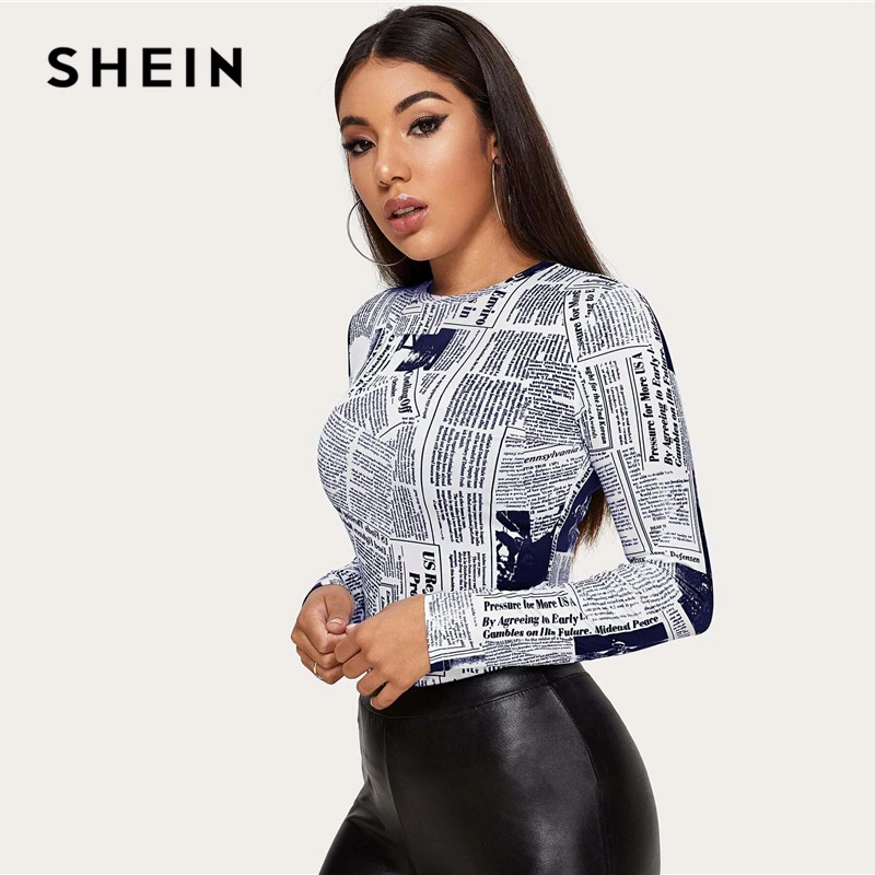 SHEIN Женская Повседневная футболка с буквенным принтом и круглым вырезом на весну и осень, облегающие уличные футболки с длинным рукавом