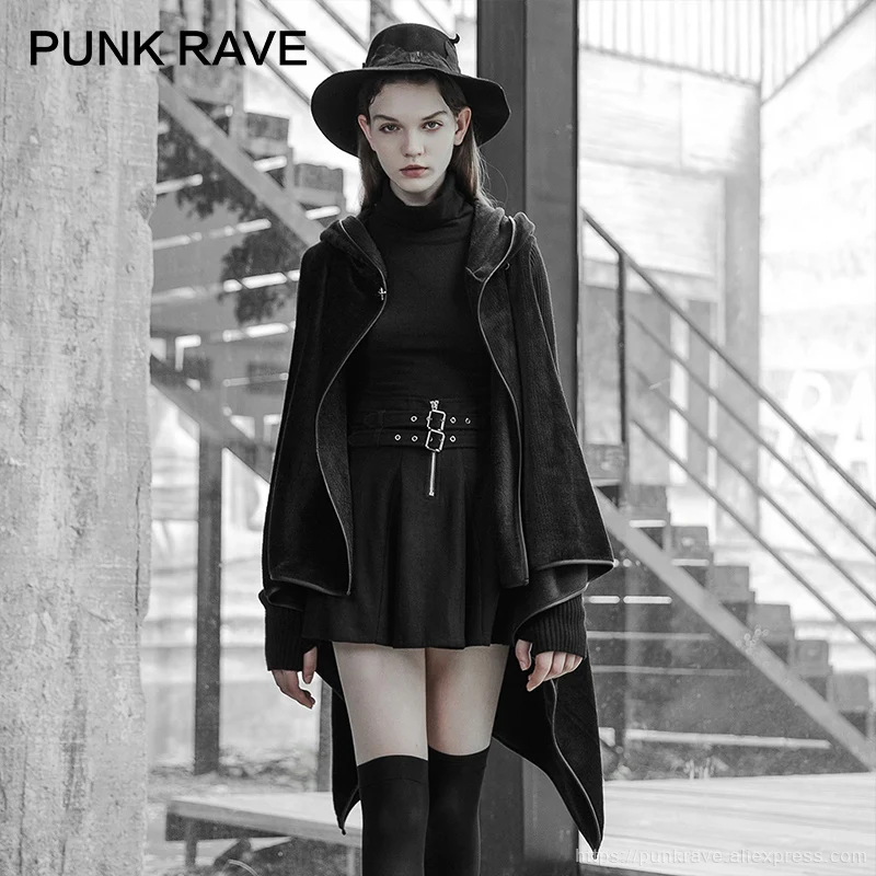 

PUNK RAVE Women's Gothic Irregular Hem Woolen Sleeve Stitching Black Cardigan Jacket Fluff Warm Loose Winter Long Coat Women