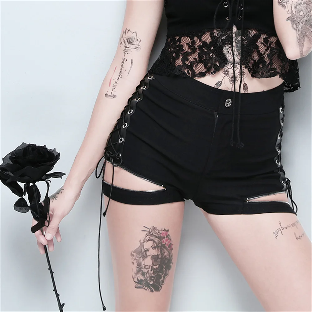

Three-Ratels High Waist Button-fly Side Strap Zipper Sexy Shorts Chic Women Summer Solid Black Gothic Punk Mini Short Streetwear