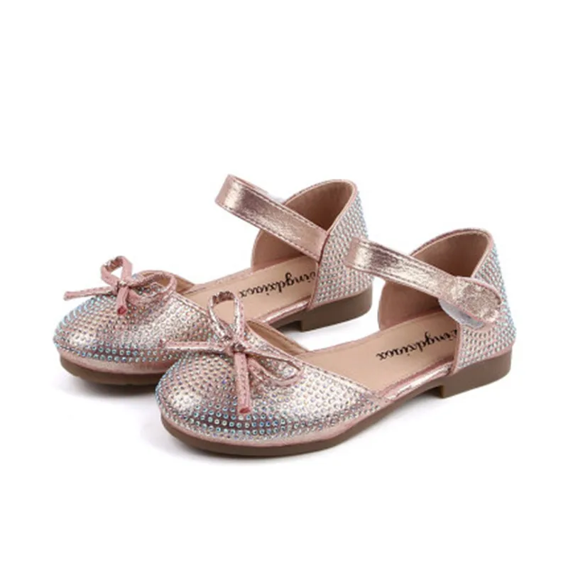 2020New baby girl shoes Kids children Rhinestone bowknot Princess shoes for girls Single Shoes For wedding and party Pink Silver