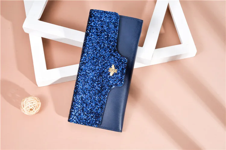 Long Wallet Wristband Women Purses Sequins Zipper Coin Purse Card Holder Wallets Female High Quality Clutch Money Bag PU Leather