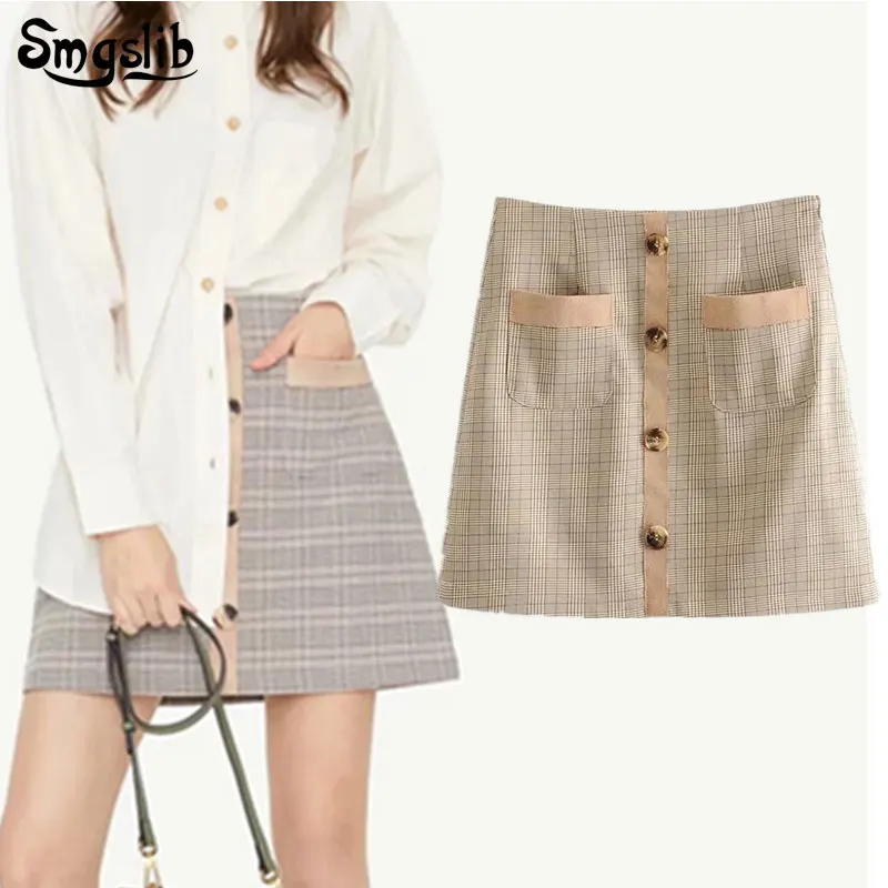 

2019 Fashion New Spring Autumn mini skirt vintage england style office lady high waist patchwork plaid a-line skirts womens
