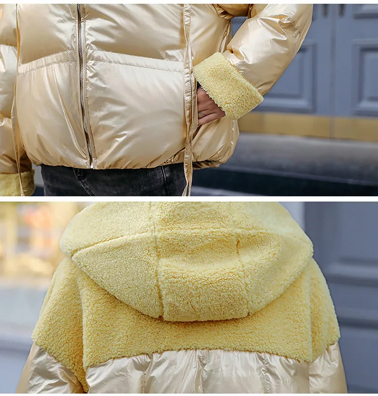 Модные глянцевые Лоскутные пуховые парки для женщин, теплая хлопковая стеганая куртка, пальто с капюшоном из искусственного меха, комбинированные флисовые зимние пуховики