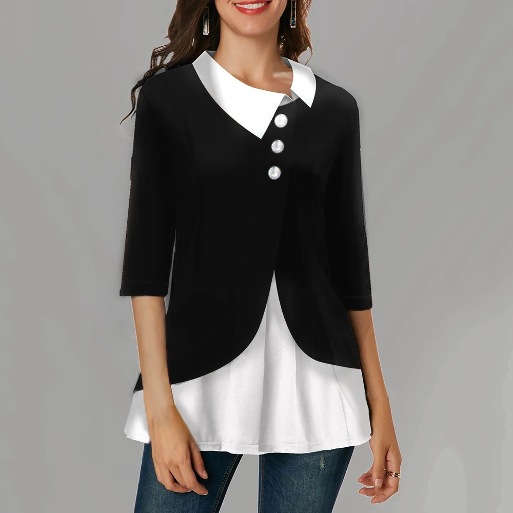 

LASPERAL Asymmetric Color Patchwork Women Shirt Pullovers Button Turn Down Collar Blouses Office Lady Sexy Tops Plus Size Blusas