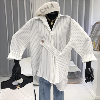 

Designer Women Shirt Asymmetry Striped Spliced Shirts for Women Spring Summer Fashions Camisas Manga Larga Mujer