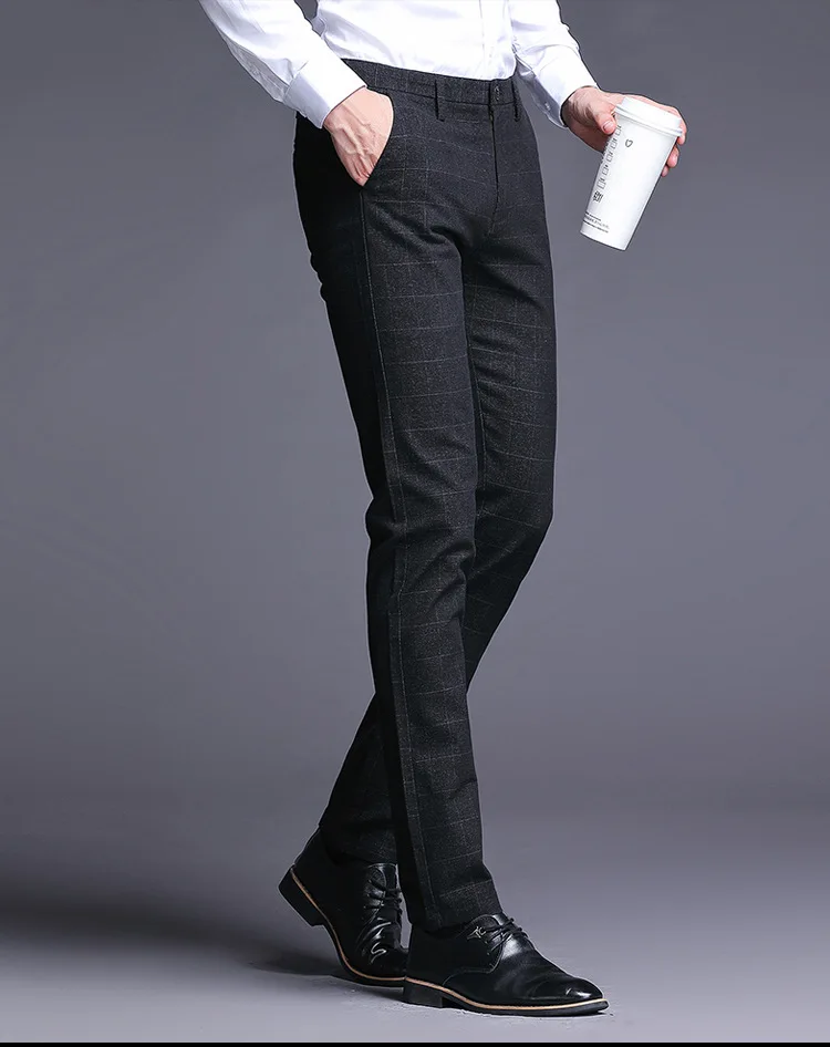 High waist Men's Plus size Pencil pants trousers Autumn New Fashion cotton plaid suit pants men Skinny business trousers