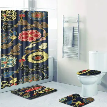

4PCS Floor Mat Shower Curtain Toilet Carpet Bathroom Non-Slip Mat Carpet Cover Toilet Cover Bath Mat Pad Set Bathroom Curtain