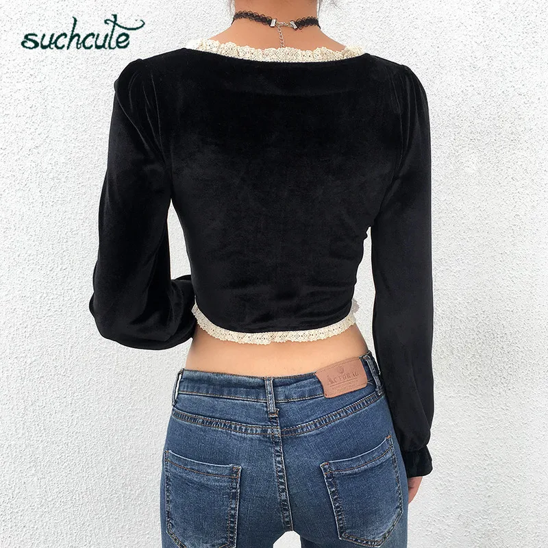 SUCHCUTE бархатные женские футболки Дворцовый стиль пышные рубашки с длинным рукавом женские осенние зимние корейский стиль Harajuku женские топы