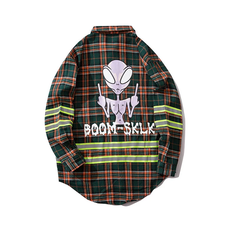 1417 Alien принтом с длинным мужская клетчатая рубашка Длинные рукава 3M Светоотражающие уличная одежда в стиле «хип-хоп», рубашки для Для