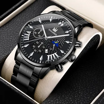

Mens Watches Top Brand Luxury Watches For Men Silver Steel Quartz Date Day Watch Waterproof Shockproof (Small Dial No Work B3708