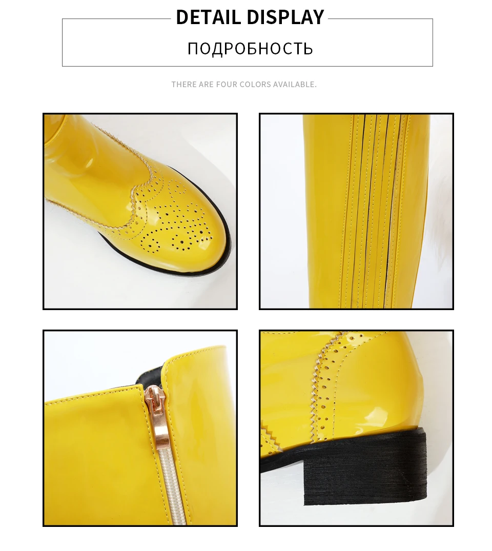 ENMAYER/ г. Сапоги до колена из лакированной кожи крутые мотоциклетные сапоги с круглым носком зимние сапоги на квадратном каблуке женская короткая плюшевая обувь, размеры 34-43