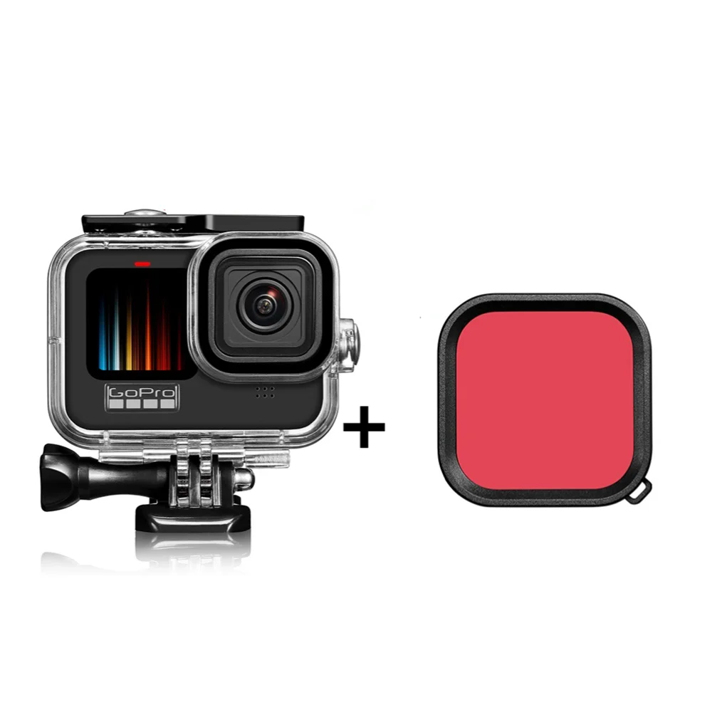 Onderwater Behuizing Shell Waterdichte Case Cover voor Gopro Hero 9 Zwart/Hero 10/Hero 11/Hero 12 Action Camera Duiken met Rood Roze Paars filter, 45M