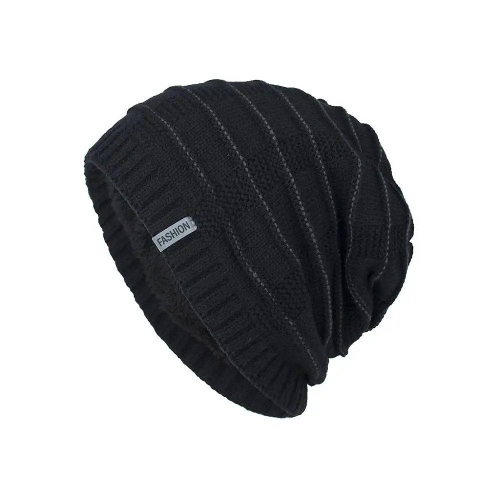 Fashion Staircase texture Winter Warm Knitted Hat Skullies Beanies For Men Women Bonnet Caps Gorros Male Solid Plus velvet Hat - Цвет: Черный