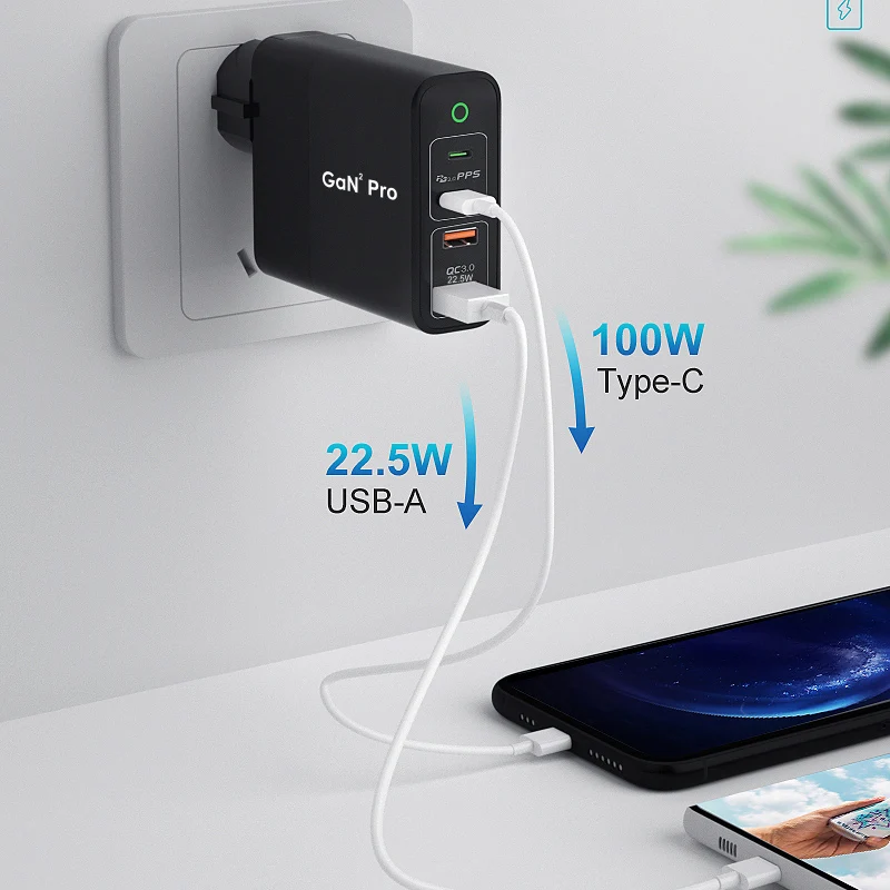 UTBVO 4-Port 161W GaN USB C Power Adapter Supply, Dual 100W PD And QC3.0 Fast Charging Wall Charger For MacBook, iPhone, Xiaomi
