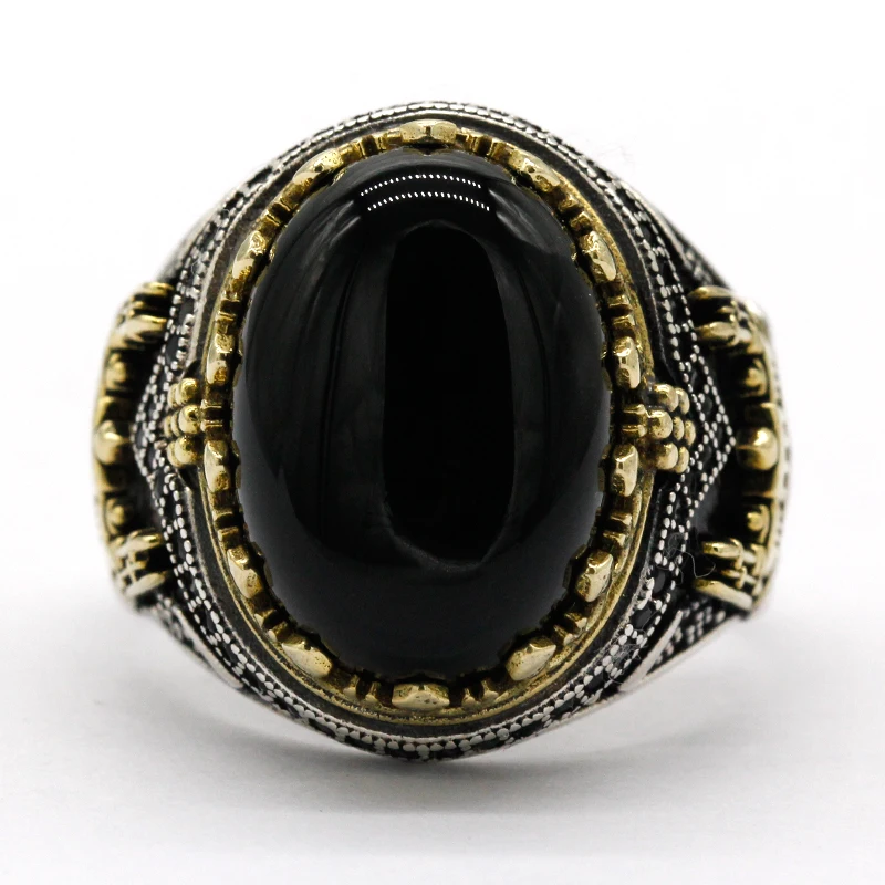 Black Natural Agate Stone Ring 925 Silver Men's Ring Castle Turkish Constantinople Auspicious Vintage Signet Ring Track Wedding 5