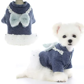 

Fashion Dog Winter Coat Fur Bowknot Small Dogs Clothing Knitted Cardigan Tulle Dress Sweater Jacket For Chihuahua Cat Pet Outfit