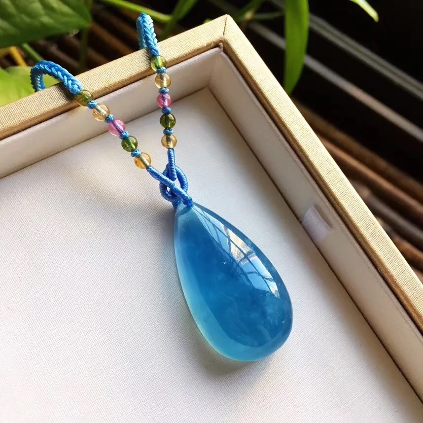 

Top Nautral Aquamarine Pendant Jewelry With Tourmaline Beads Rope For Women Man 38x20mm Blue Crystal Pendant Necklace AAAAAA