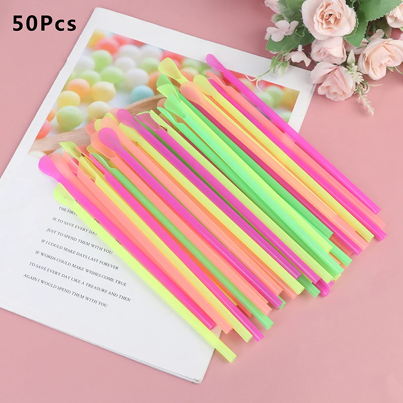 50pcs Plastic Drinking Straws Spoon Colorful Disposable Tea Tools Straw
