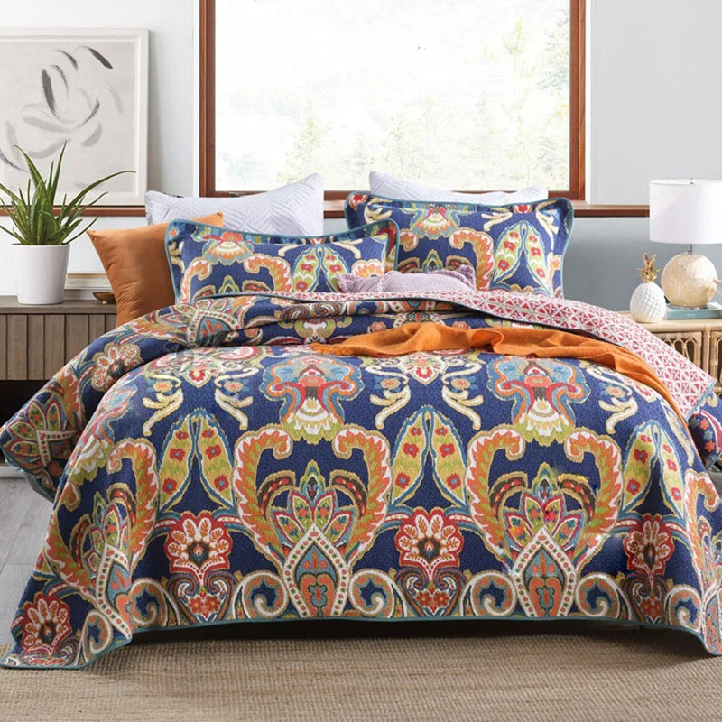 

Blue Print Bedspreads For Bed Quilt Set 3PCS Cotton Quilts Summer Blanket Bed Cover With 2 Shams Queen Size Coverlet