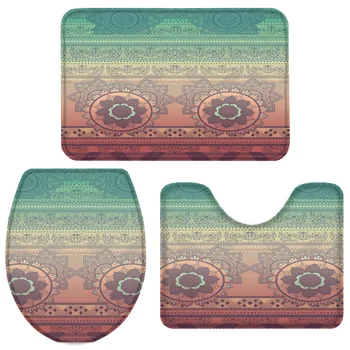 

3 Pieces Bathroom Set Mandala Bath Set Toilet Cover Mat Pedestal Rug Non-Slip Bathroom Rug Set