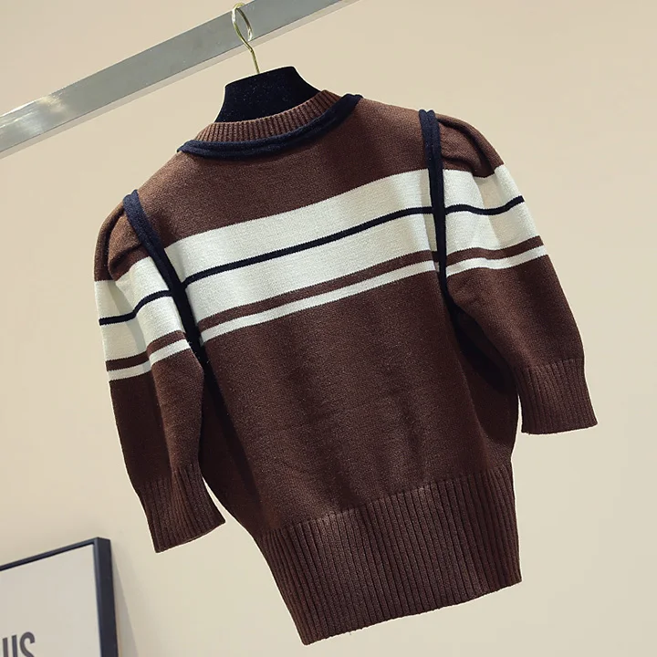 Новинка в Корейском стиле colorblock(цветовой блок), прошитая, с короткими рукавами шорты Модный вязаный свитер для женщин