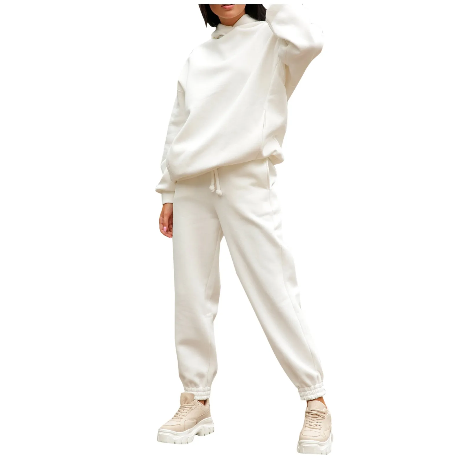 2021 Autumn Winter Women's Tracksuit Sports Hooded Sweatshirt Suits Solid Fashion Casual Long Sleeve Tops + Pocket Sweatpants 2