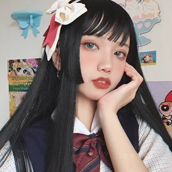 

AILIADE Black WIGS With Bangs Long Straight Synthetic Heat Resistant Daily/Party/Cosplay Lolita Wigs For Women African American