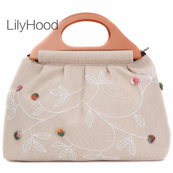 

Floral Embroidery Wooden Handle Handbag for Women Vintage Elegant Sweet Ecology Fabric Daily Retro Chic Designer Top-handle Bag