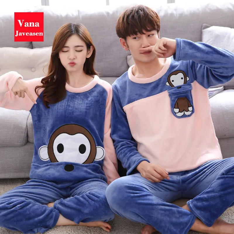 

Vana Javeasen Autumn Winter Coral Velvet Couple Pajamas Set O-Neck Plus Size Home Service Suit Casual Women Sleepwear Nightwear