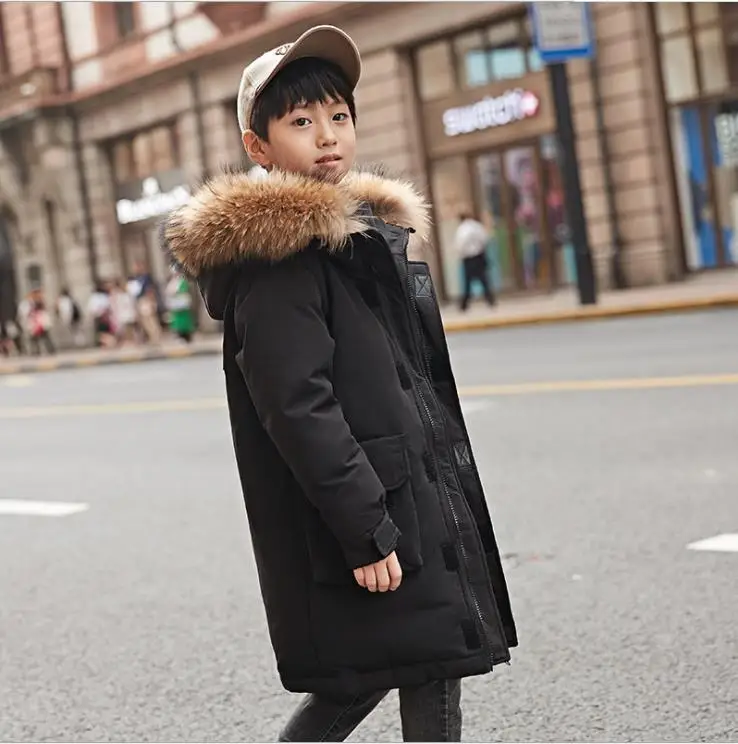 Пуховик в Корейском стиле длинное теплое пальто из толстого хлопка для мальчиков зимнее плотное пальто с меховым воротником для маленьких мальчиков