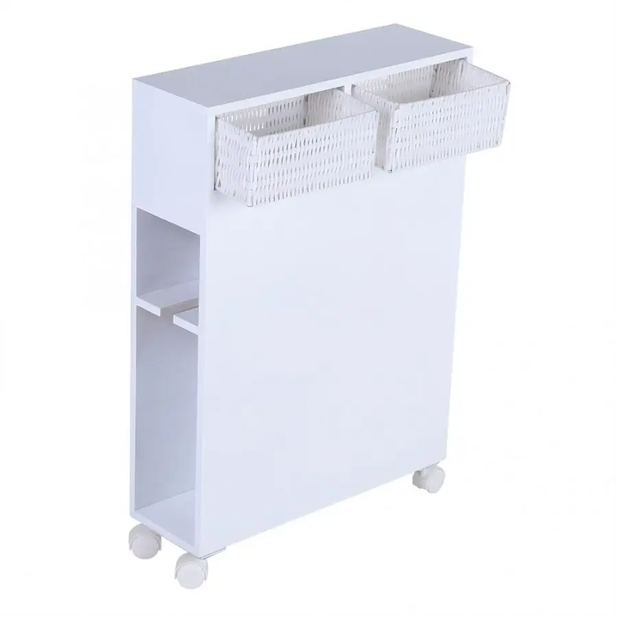 

Bathroom Wood Cabinet Toilet Floor Rolling Storage Oraganizer with 2 Drawers White