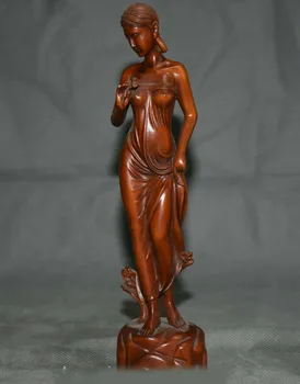 

wedding decoration Old Chinese Boxwood Wood Carving Stand Beautiful Woman Belle beauty Statue