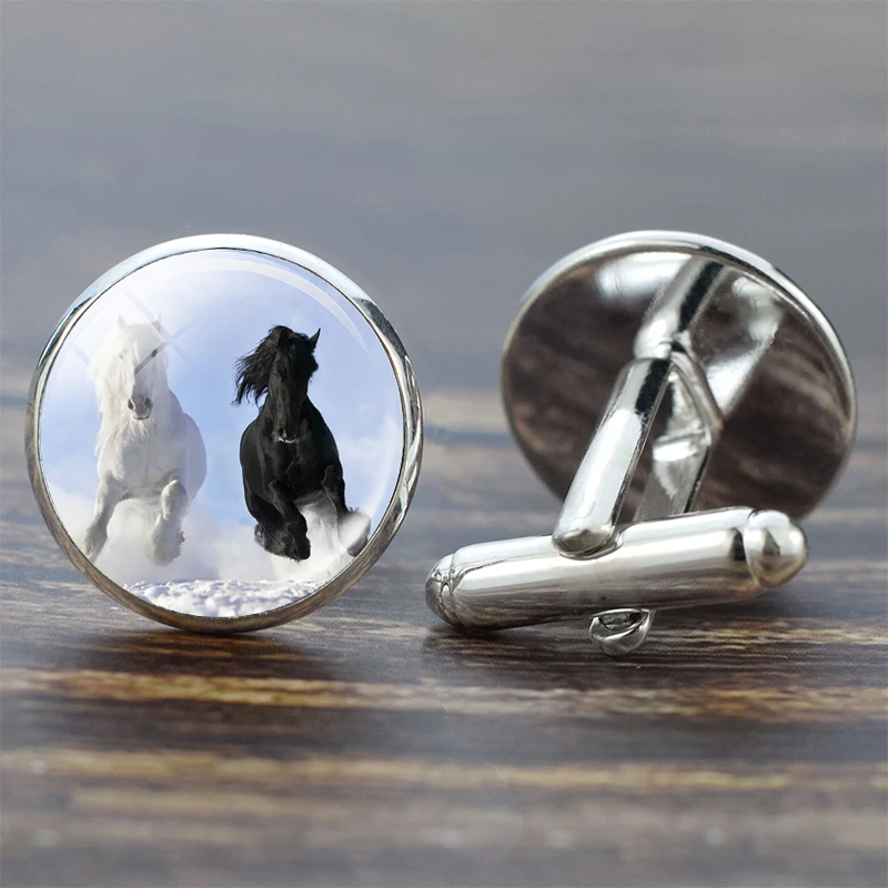 Horse Cufflinks Silver Suit Shirt Best Man Cufflinks Set Glass Cabochon Jewelry Fashion Men Cuff Links gifts