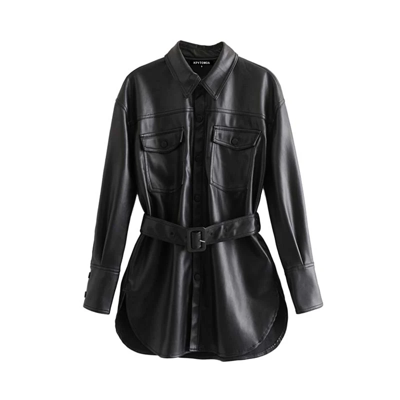 TRAF, Женская винтажная стильная куртка из искусственной кожи с поясом, модное пальто с длинным рукавом и карманами, верхняя одежда из искусственной кожи, шикарные топы