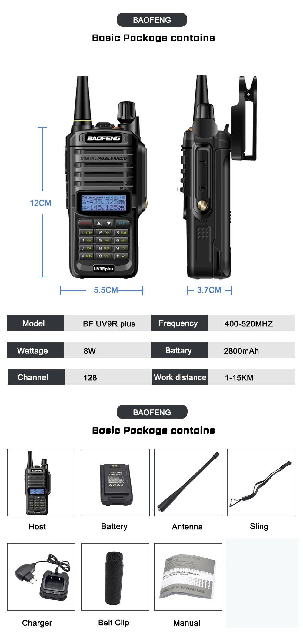 4 шт. Baofeng UV-9R Plus водонепроницаемый двухканальные рации двухстороннее радио Двухдиапазонный портативный 10 км большой диапазон UV9R плюс портативное радио