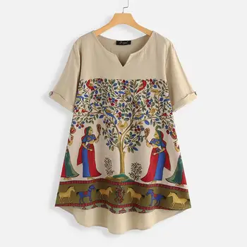 

ZANZEA Summer Vintage Printed Blouse Women Short Sleeve Cotton Linen Shirt Casual Loose Tunic Tops Female Retro Blusas Femininas