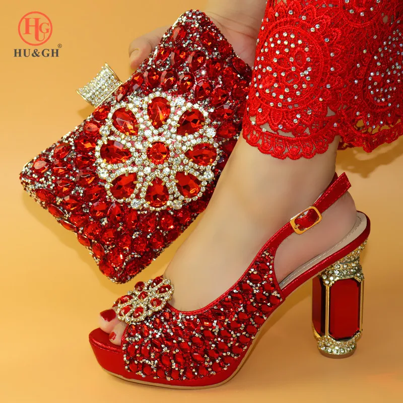 

Italian Crystals Sandals with Matching Bags Set Decorated with Rhinestone Italian Open Toe Shoes for Women Party Pumps in Red