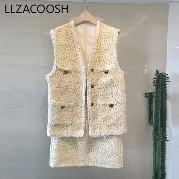 

High quality 2019 Autumn Tweed 2 Piece Set Women V-Neck Button Sleeveless Vest Jacket Coat + Mini skirts Suit