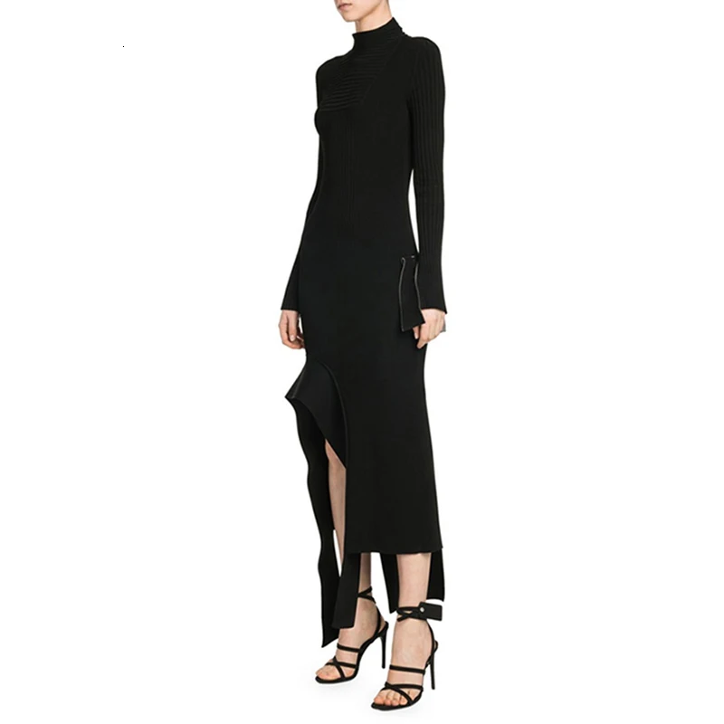 TWOTWINSTYLE элегантное платье для женщин с длинным рукавом и круглым вырезом с высокой талией тонкие асимметричные платья женские осенние модные новые