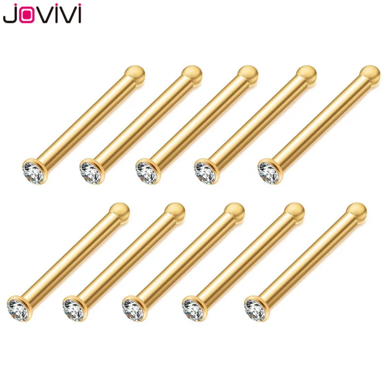 10pcs Gold JOVIVI 10 шт. из нержавеющей стали 20 г серьги в нос, гвоздики кость ноздрил Pin L форма пирсинг бижутерия 1,5 мм/2 мм/2,5 мм/3 мм страз - Окраска металла: 10pcs Gold