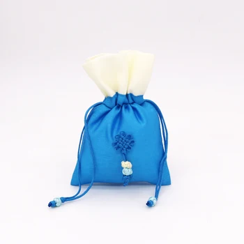 

Blue Candy Color 10x15cm Double Layer Cloth Bag 5pcs/lot Chinese Knot Accessories Drawstring Jointing Satin Pouches Gift Packing