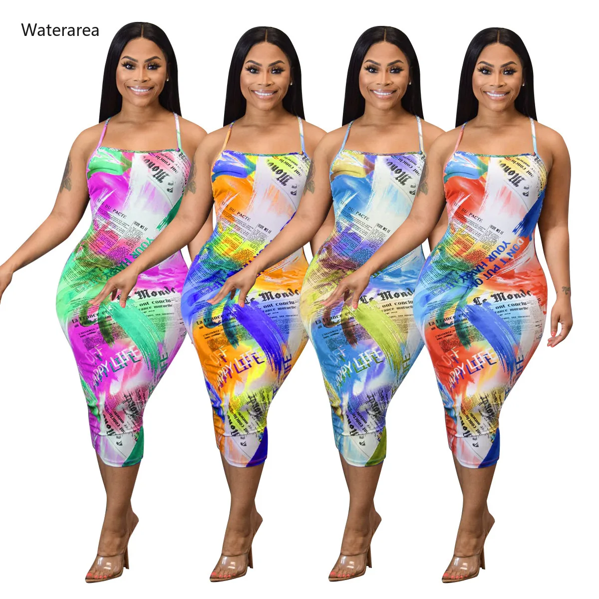 Женское винтажное облегающее платье миди с принтом букв лямкой на шее и открытой