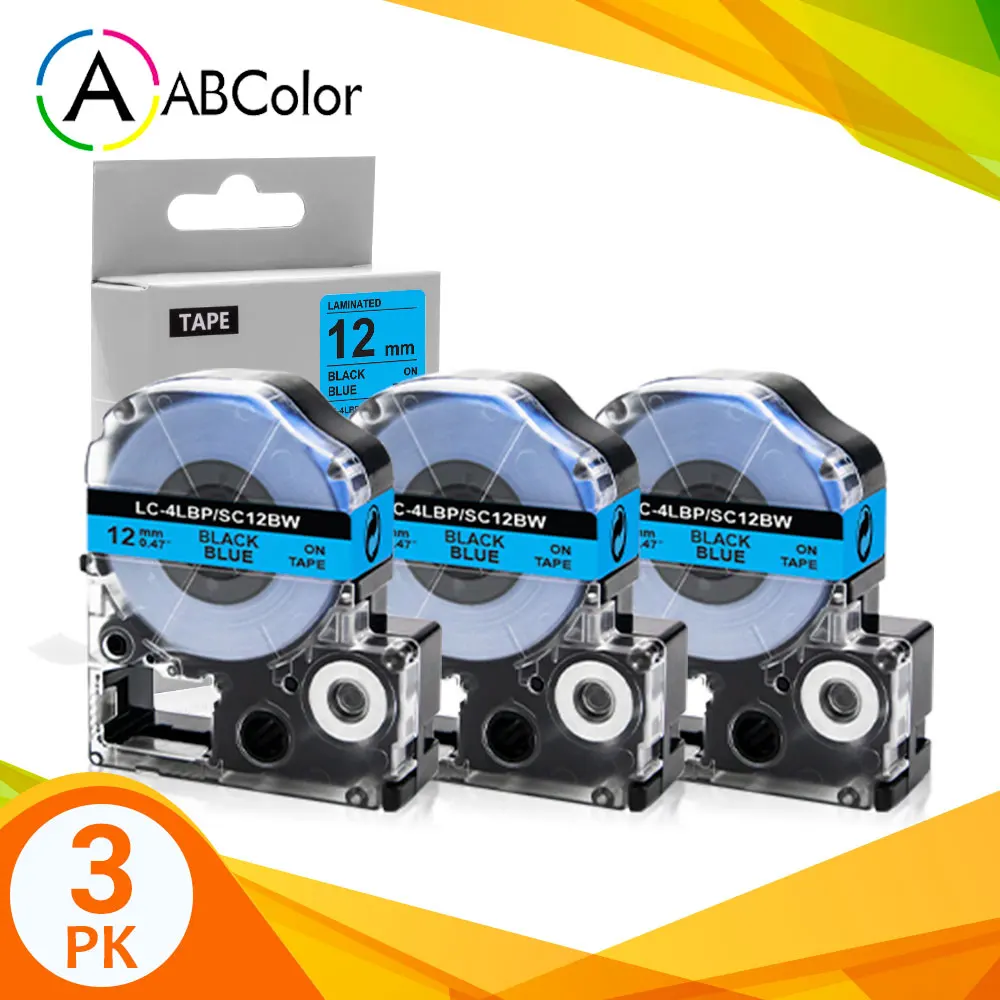 

3PK 12mm SC12BW Tape For Epson King Jim SC12BW LK-4LBP Black on Blue Labeling Tape Printer Ribbon For Epson Label Maker LW-700