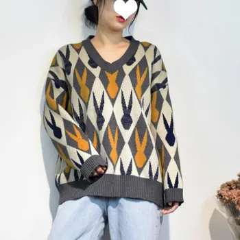 

lazy women rabbit sweaters loose femme argyle sweater pullovers