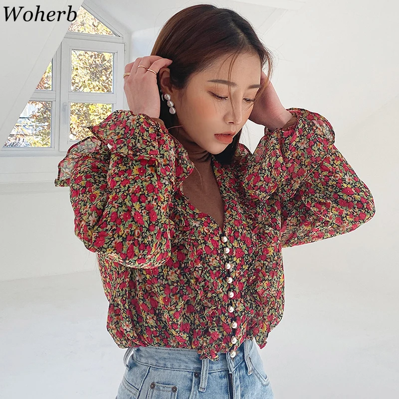 

Woherb Floral Print Ruffle Blouse Women Flare Long Sleeve See Through Chiffon Shirt Summer Vintage Sexy N-neck Korean Blusas